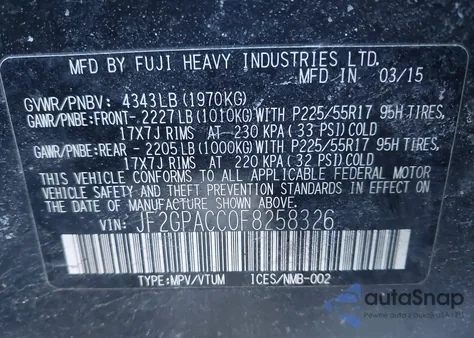 2015 Subaru Xv Crosstrek 2.0I Premium z USA, uszkodzony, nr VIN JF2GPACC0F8258326